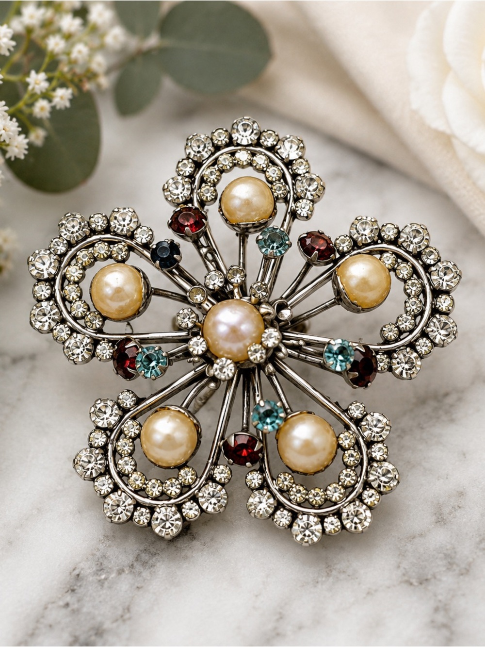 1940 Sonia Lee Sterling Silver Pearl Rhinestone Brooch Vintage